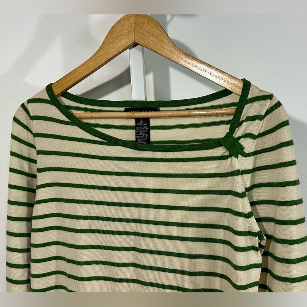 Y2K Banana Republic Extra Fine Italian Merino Stripe Sweater – Green & Cream, L - Picture 2 of 4